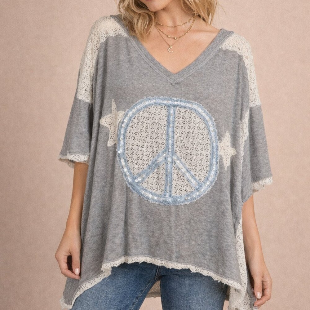 POL Gray Peace Sign Tunic Top Oversized Boho Pearl Rhinestone Embellished Medium